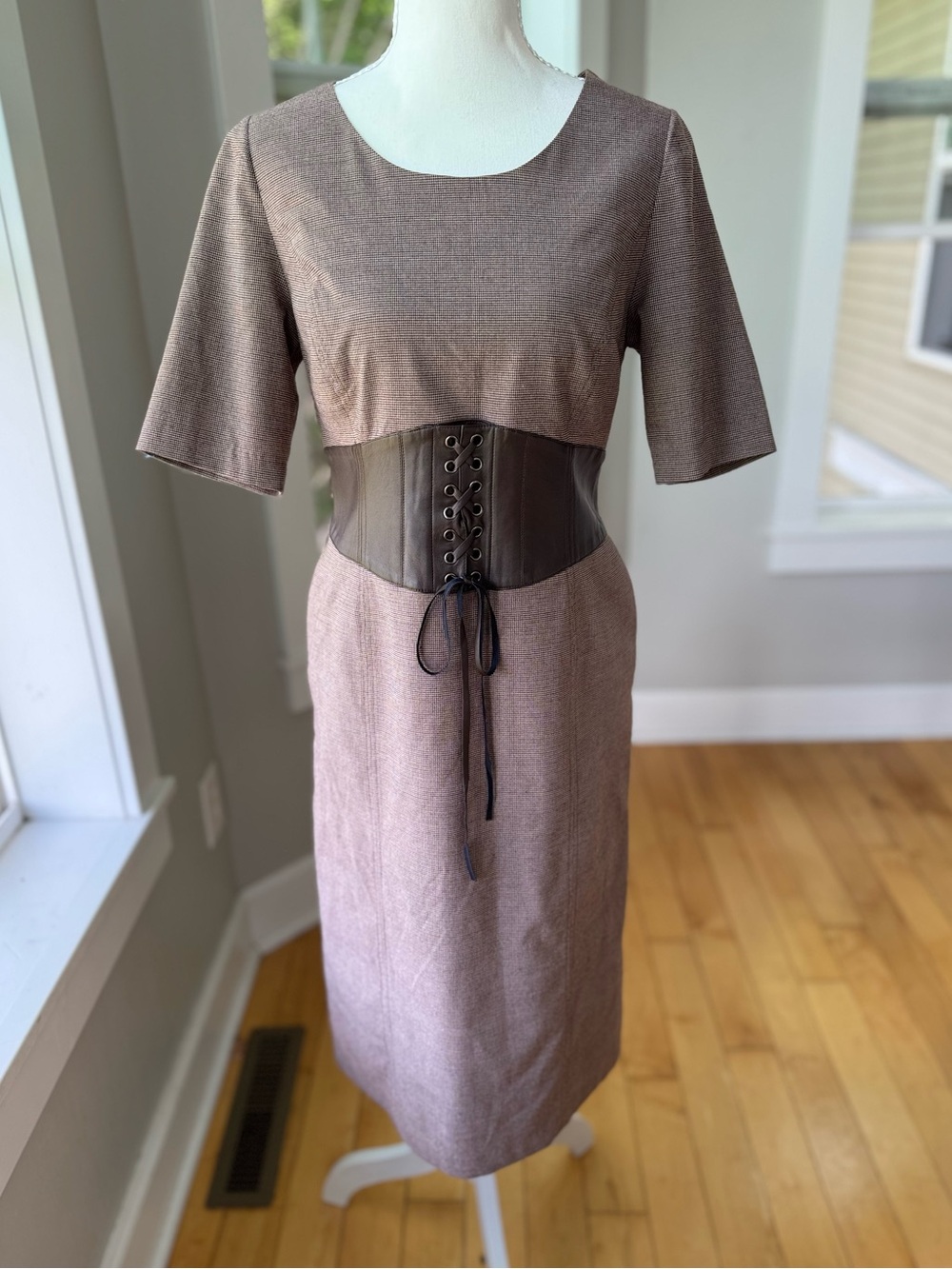 Vintage Brown Houndstooth Pattern Boatneck Corset Waist Midi Dress Fits Sz 6-8
